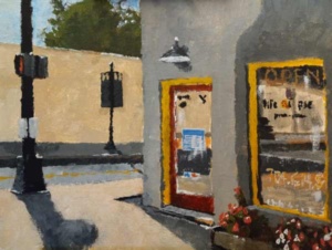Acrylic painting by J Bowers of a street scene with the entrance of a local pizza restaurant.