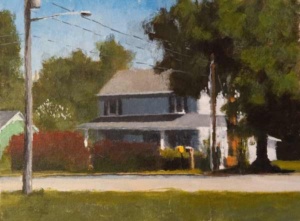 Acrylic painting by J Bowers of an older small town white house with the sun hitting its roof.