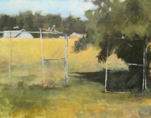 Acrylic painting by J Bowers of metal yard gate left open leading to a grassy field and houses in the background.
