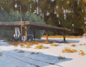 Acrylic painting by J Bowers of a blue tractor stored under an open-sided shed surrounded by snow.