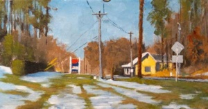 Acrylic painting by J Bowers of traces of melting snow in the yard of a yellow country house.
