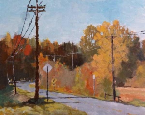 Acrylic painting by J Bowers of the road lesding to the mountain among autumn-colored trees.