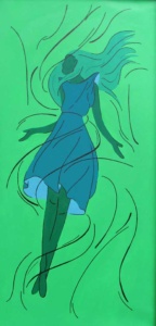 a blue and blue-green young woman floating against a green background surrounded by moving black lines