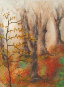 a watery rendering of a path through leafless tress behind a small tree with a few yellow leaves remaining.