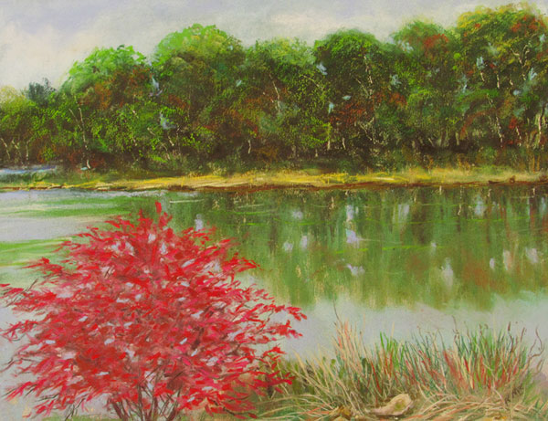 pastel drawing of a green waterway with a red bush in the foreground.