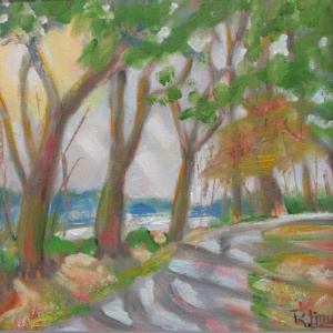 green trees with the sunlight shining behind them, casting shadows onto a curving path.