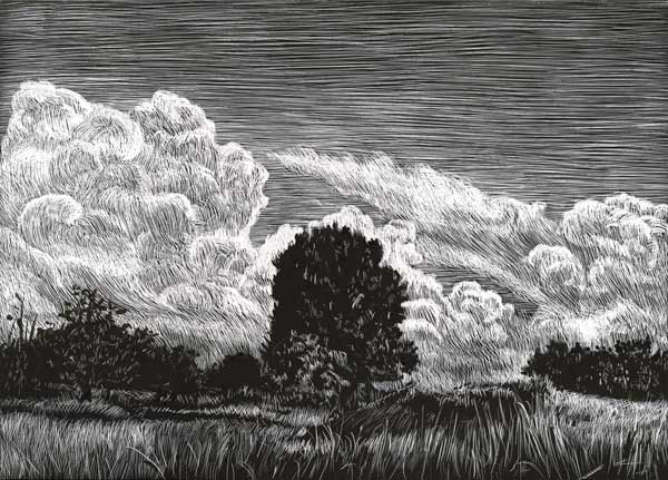 black and whire drawing of a lanscape with large cloud formation above.