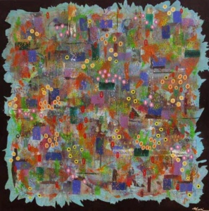 a tourquoise irregular shape with abstracted nature flower forms and green shades.