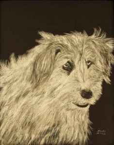 black and white rendering of a shaggy friendly dog.