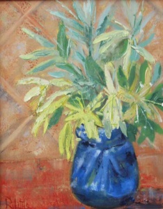 36 green ferns and leafy plants in a bright blue vase.