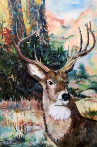 39 a deer with full antlers looks out at the viewer from a clearing in the woods.