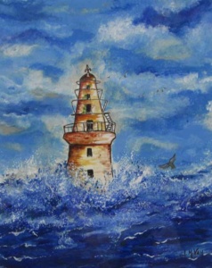 a lighthouse looming above crashing sea waves.