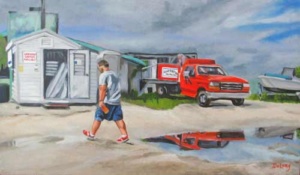 a man in shrts walking toward a shoreside bait shop and bright red truck.
