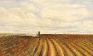 wide horizontal view of a field being plowed under an overcast sky.
