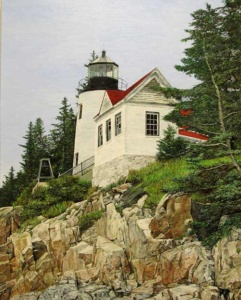 a white red roofed lighthouse high up on a rocky hill.