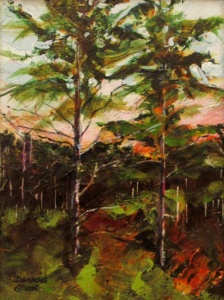 two pine trees surrounded by other leafless trees.
