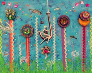 sea shell and sewing notions making a collage of flowers in a field.