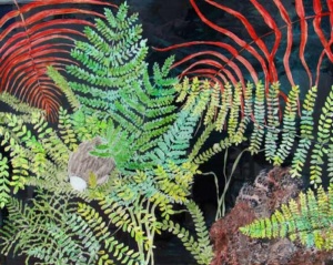 rabbits hiding behind green and red ferns against a black background.