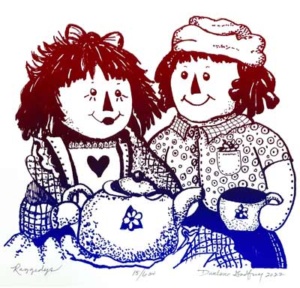 February page of Southern Arts Society 2023 calendar - “Raggedys” by Darlene Godfrey.