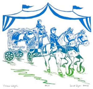 April page of Southern Arts Society 2023 calendar - “Circus Wagon” by Janet Dyer.