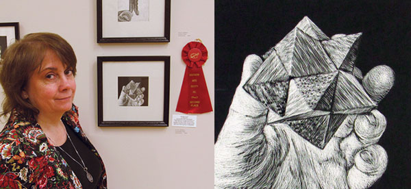 Second place award winning black and white drawing of a handing holding a 3D star shape.