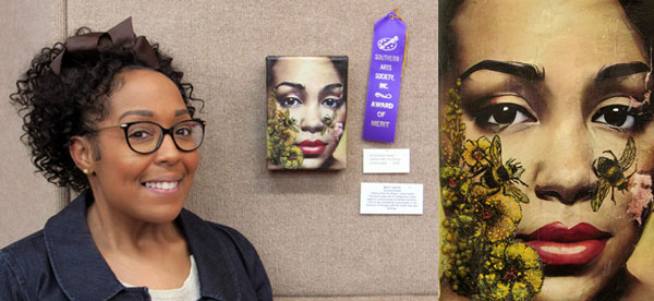 Denesha Sweat with purple ribbon and her merit award-winning collage of a woman's face with bees and flowers overlaid the image entitled Getting Past the Stings.
