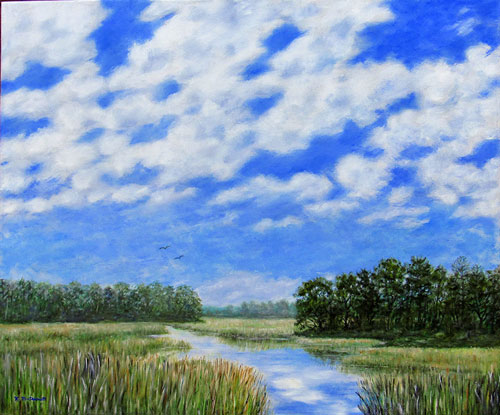 pastel of a bright blue sky with moving clouds above a green, reedy marsh.