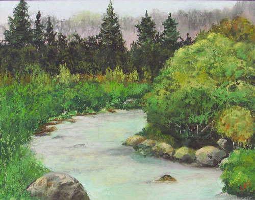 pastel of a turning creek running through a bushy green bank with pine trees in the distance.