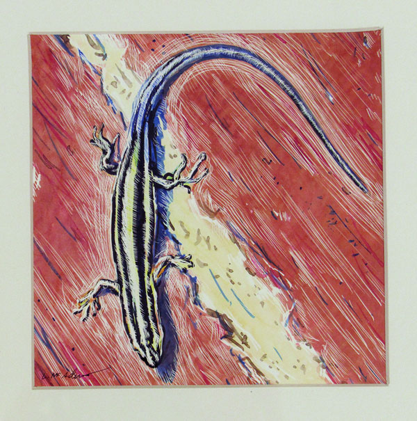 Rendering of a yellow and blue striped lizard on a red and yellow ground.