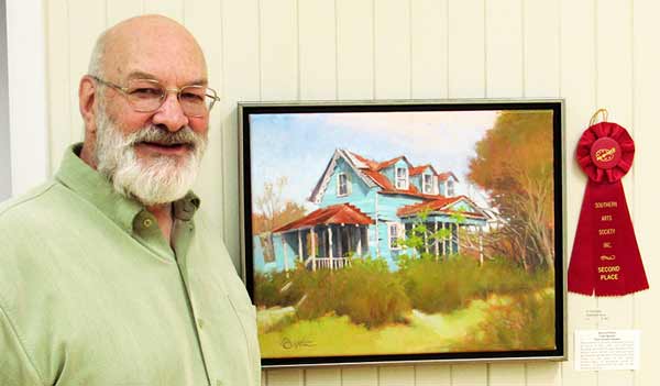 Todd Baxterwith his artwork,  Hutchinson House, oil