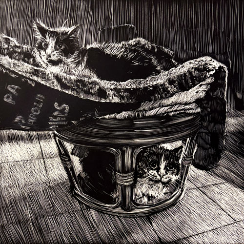 drawing of feet propped on a footstool with cats sitting above and below.