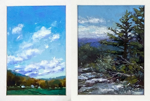 2 pastel drawings ov a pastoral scene with large clouds, and a pine tree on a tall mountain top.