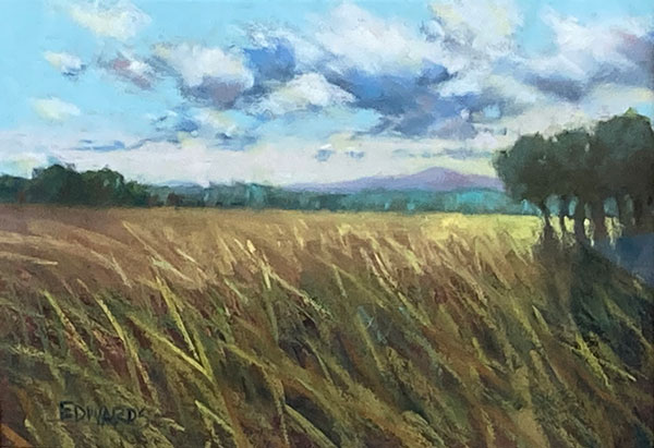 Third place artwork of a green fiels under a blue cloudy sky.