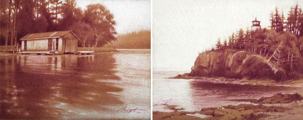2 images by artist Todd Baxter - one of a house on a pier on a lake and the second of a lighthouse on a rocky ridge. Both are drawn in red pencil.