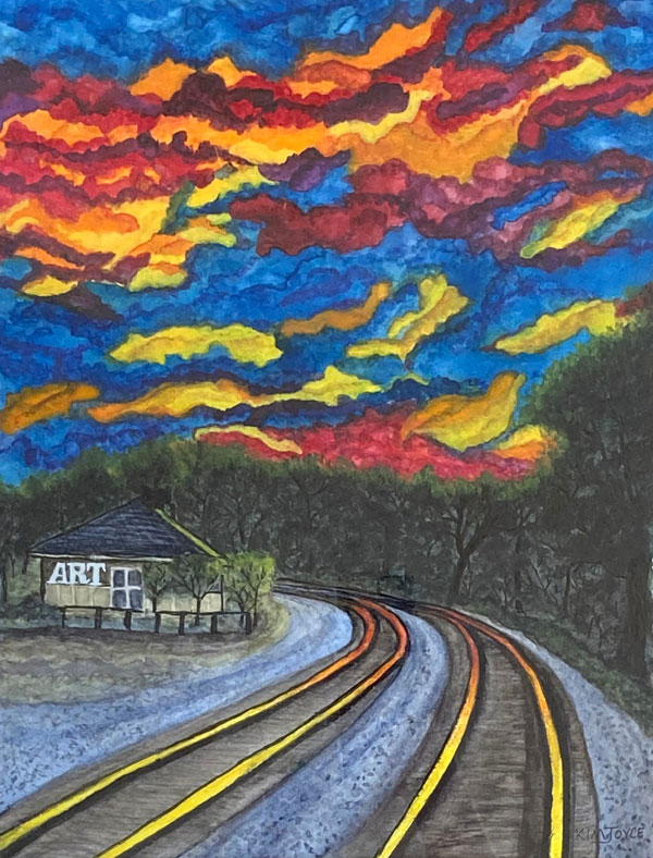 rural train depot nestled against tress under vibrant colored skies.