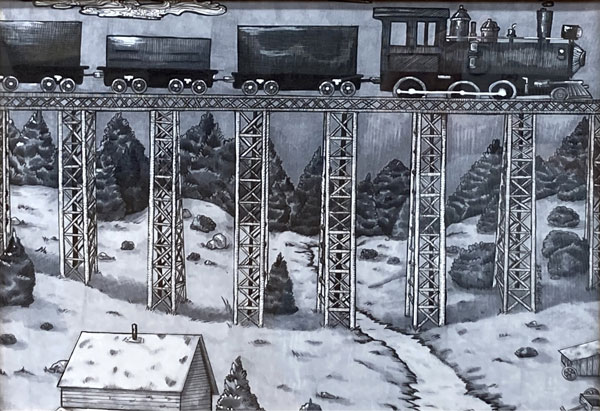 Watercolor of a train traveling across a high bridge above a snowy valley.
