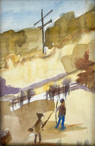 Gestural brown watercolor of two people near a train track.