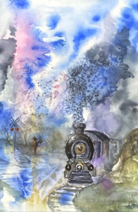 Pink and blue watercolor of a train emerging from fog.