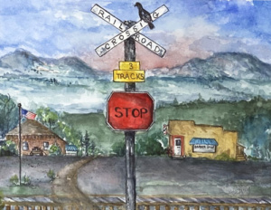 Railroad crossing and stop sign.