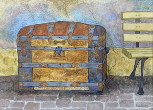 Watercolor of an old barrel trunk.