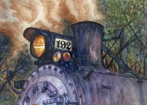 Purple and brown watercolor of train engine 192 emitting steam.