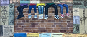 Children dangling their legs as they sit on a brick wall.