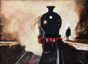 Moody brown and black watercolor of a man near a steaming train stopping at the depot.