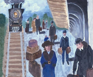 Youthful watercolor of 1920-ish travellers and luggage waiting the approaching train.