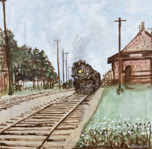 Light watercolor of an old train approaching the Clover train station.