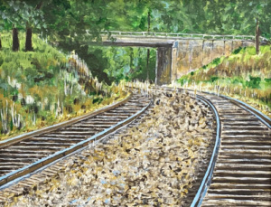 Two train tracks curving under a rural bridge overpass.
