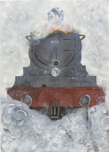 Vibrant simple watercolor of an old gray train emerging from steam.