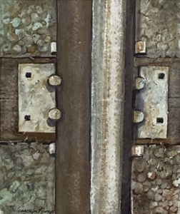 Watercolor of large metal tracks and gravel up close.