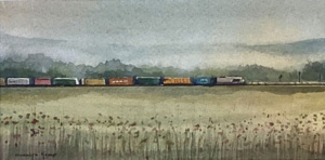 Long horizontal watercolor of a train following the horizon.