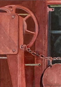 Red hued watercolor of a train car metal wheel and chain.